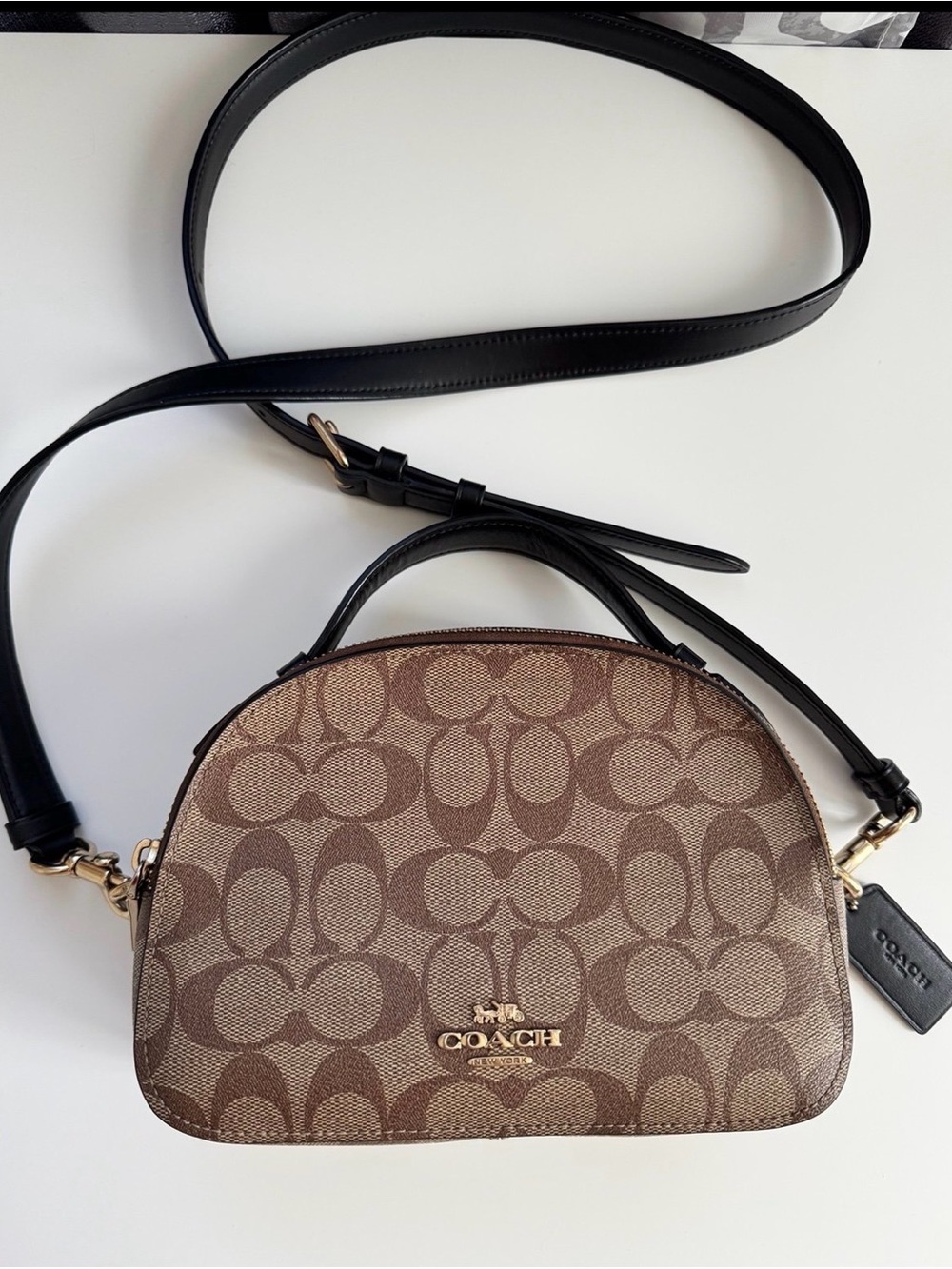 Coach Brown Signature Canvas Dome Crossbody Bag with Black Strap